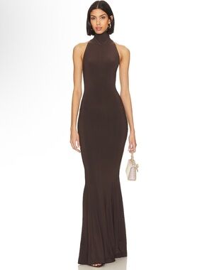 Norma Kamali Halter Turtle Fishtail Brown Gown